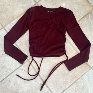 Zara Burgundy Cropped Long Sleeve with Synched Side Ties